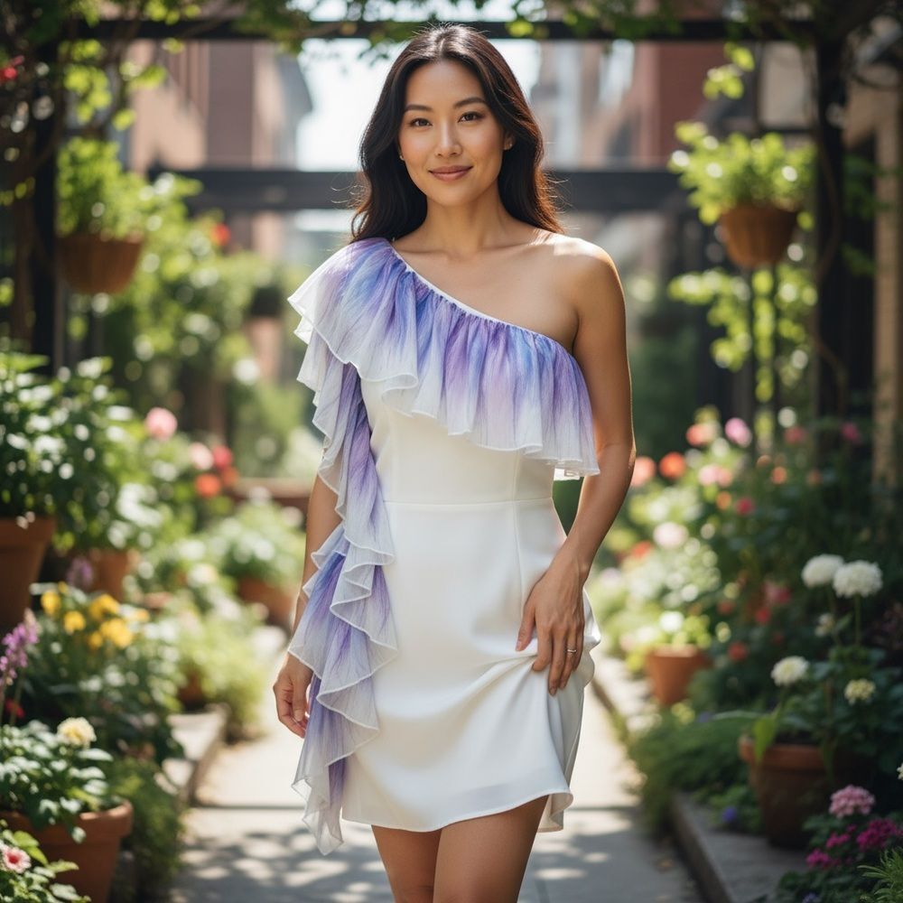 Nha Bhanh Stunning One Shoulder Ruffled Blue Lilac Dress Sz 8
